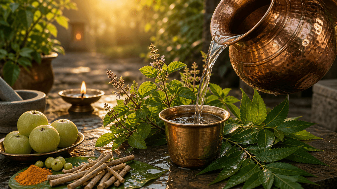 Copper water ritual with tulsi and neem leaves