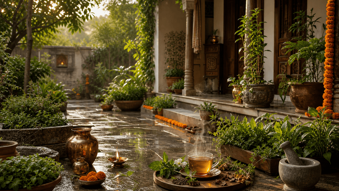 Ayurveda courtyard with herbs and copper vessels