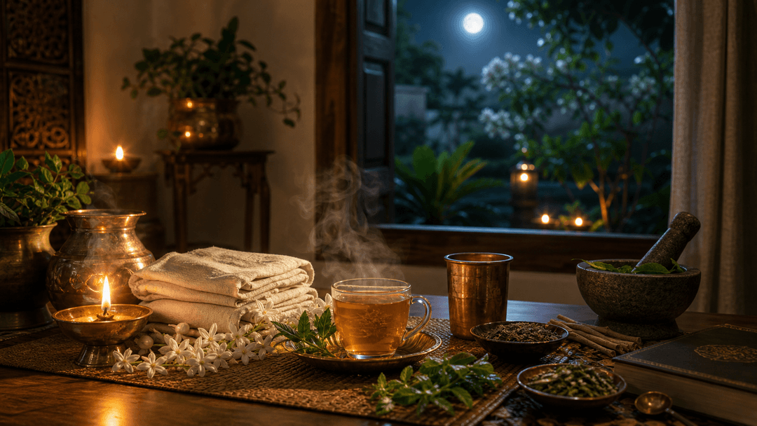 Evening Ayurveda rest scene with herbal tea and diya