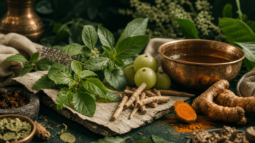 Ayurveda herbs with copper bowl and turmeric