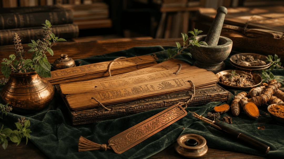 Ayurveda manuscript learning still life