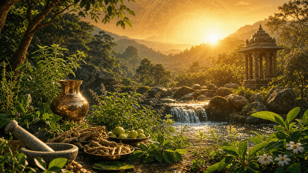 Ayurveda river landscape with herbs and sunrise