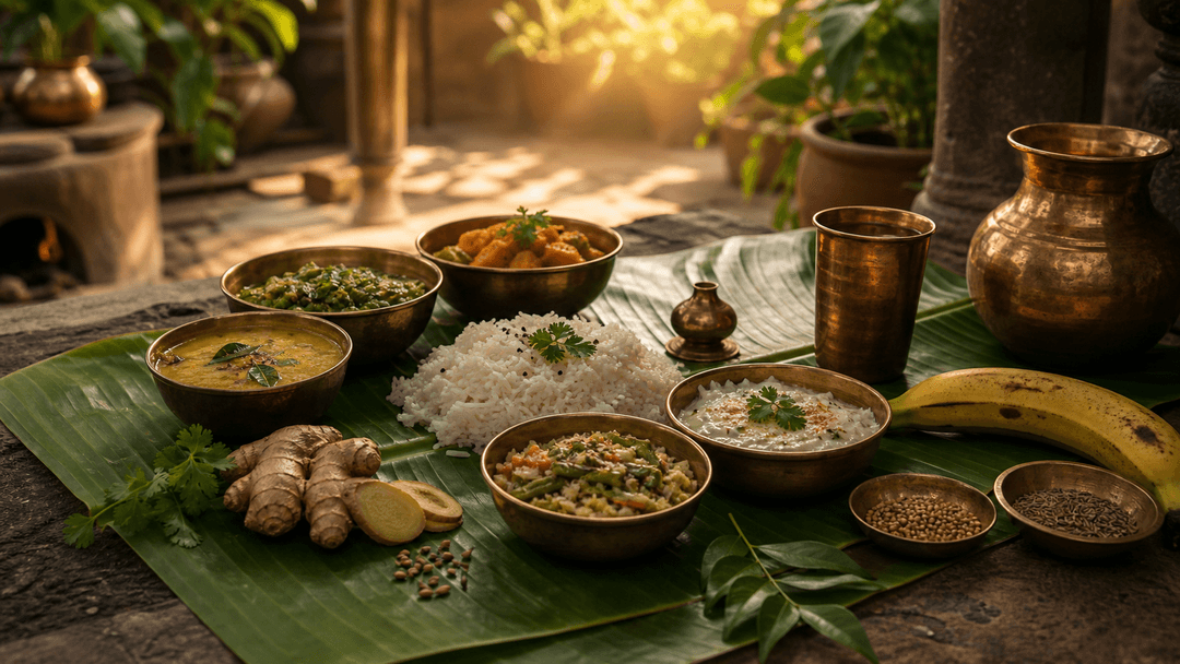 Sattvic food bowls on banana leaf with copper utensils